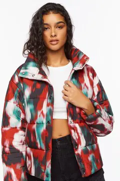 Forever 21 Forever 21 Watercolor Print Puffer Jacket Red/Multi. 2