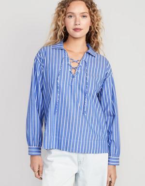 Long-Sleeve Tie-Front Notch Collar Shirt for Women blue