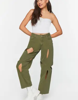 Forever 21 Cutout Straight Leg Jeans Olive