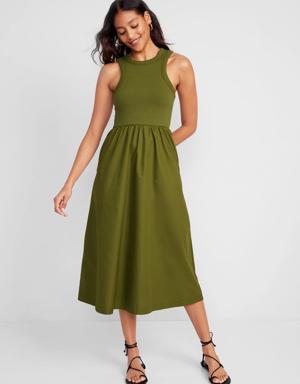 Fit & Flare High-Neck Combination Midi Dress for Women green