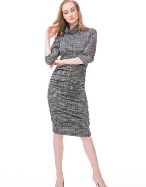 Turtleneck Plaid Knitted Skirt Pleated Fit Gray Dress