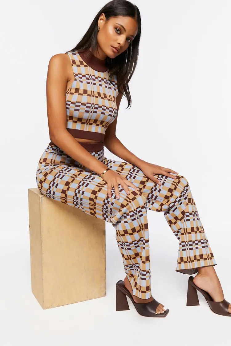 Forever 21 Forever 21 Checkered Crop Top &amp; Pants Set Brown/Multi. 1