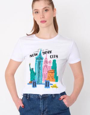 New York City Baskılı Bisiklet Yaka T-shirt