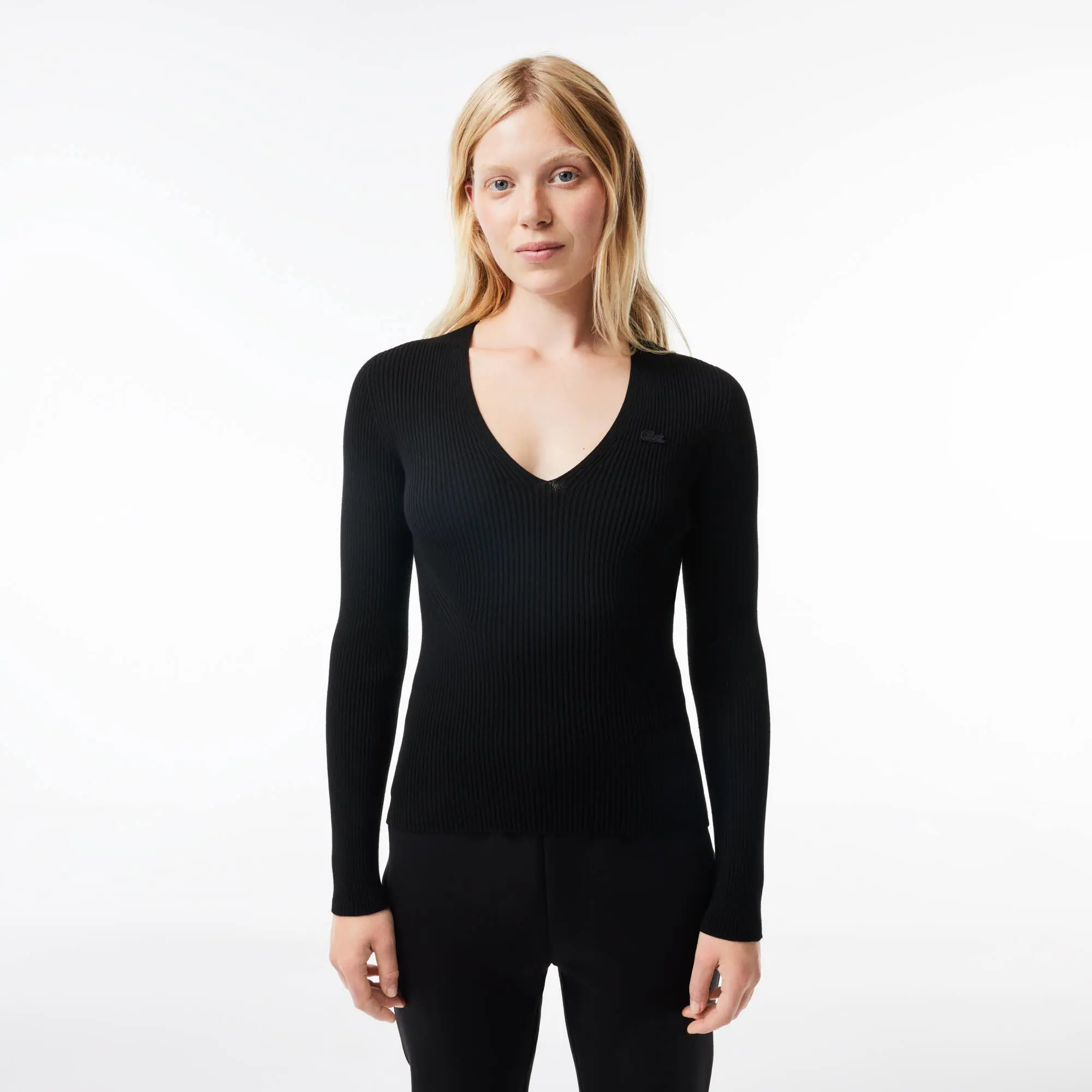 Lacoste Women's Seamless Ribbed V-Neck Sweater. 1