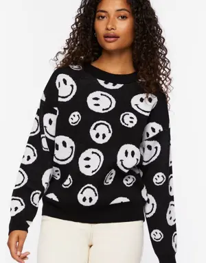Forever 21 Happy Face Crew Sweater Black/White