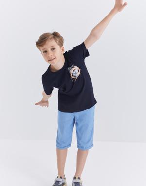 Lacivert Baskılı O Yaka Kısa Kollu Standart Kalıp Erkek Çocuk T-Shirt - 10867