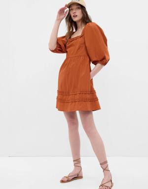 Puff Sleeve Ruffle Neck Mini Dress orange