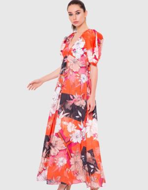 V-Neck Floral Patterned Fuchsia Dress