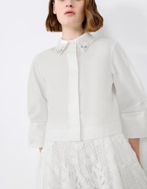 Short Ecru Shirt With Embroidered Collar and Sleeve Detail