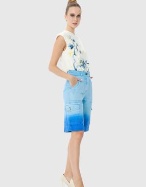 Denim Cargo Shorts With Blue Batik Wash Pocket Detail