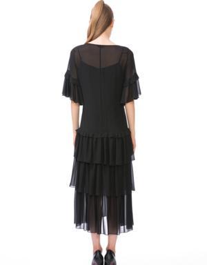 V Neck Ruffle Detailed Midi Black Dress