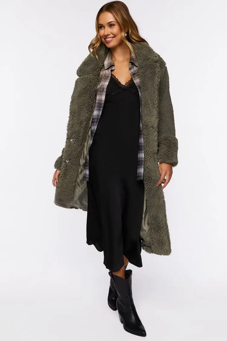 Forever 21 Forever 21 Quilted Faux Shearling Duster Coat Dark Olive. 1