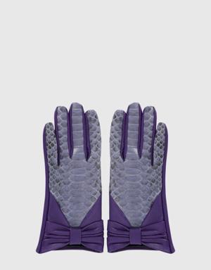 Bow Detailed Python Pattern Light Purple Leather Gloves