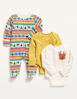 Unisex 3-Pack Long-Sleeve Bodysuit and Footed One-Piece Set for Baby multi