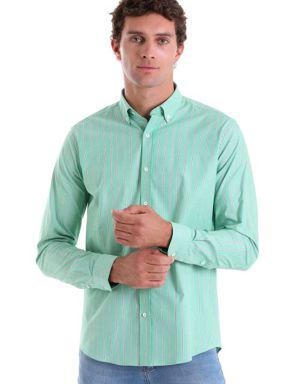 Yeşil Slim Fit Çizgili Slim Yaka Pamuklu Uzun Kollu Casual Gömlek