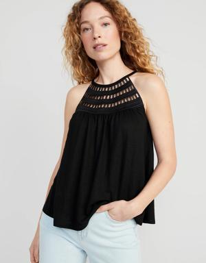 Old Navy Sleeveless Crochet-Trim Linen-Blend Top for Women black