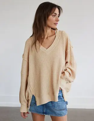 American Eagle Oversized Big Hug Waffle V-Neck Sweatshirt. 1