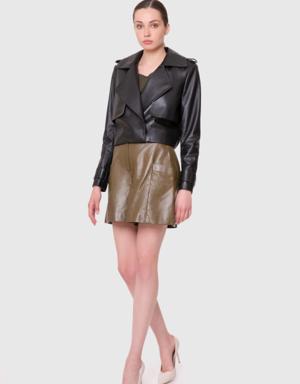 Double Breasted Closure Crop Brown Color Short Leather Jacket