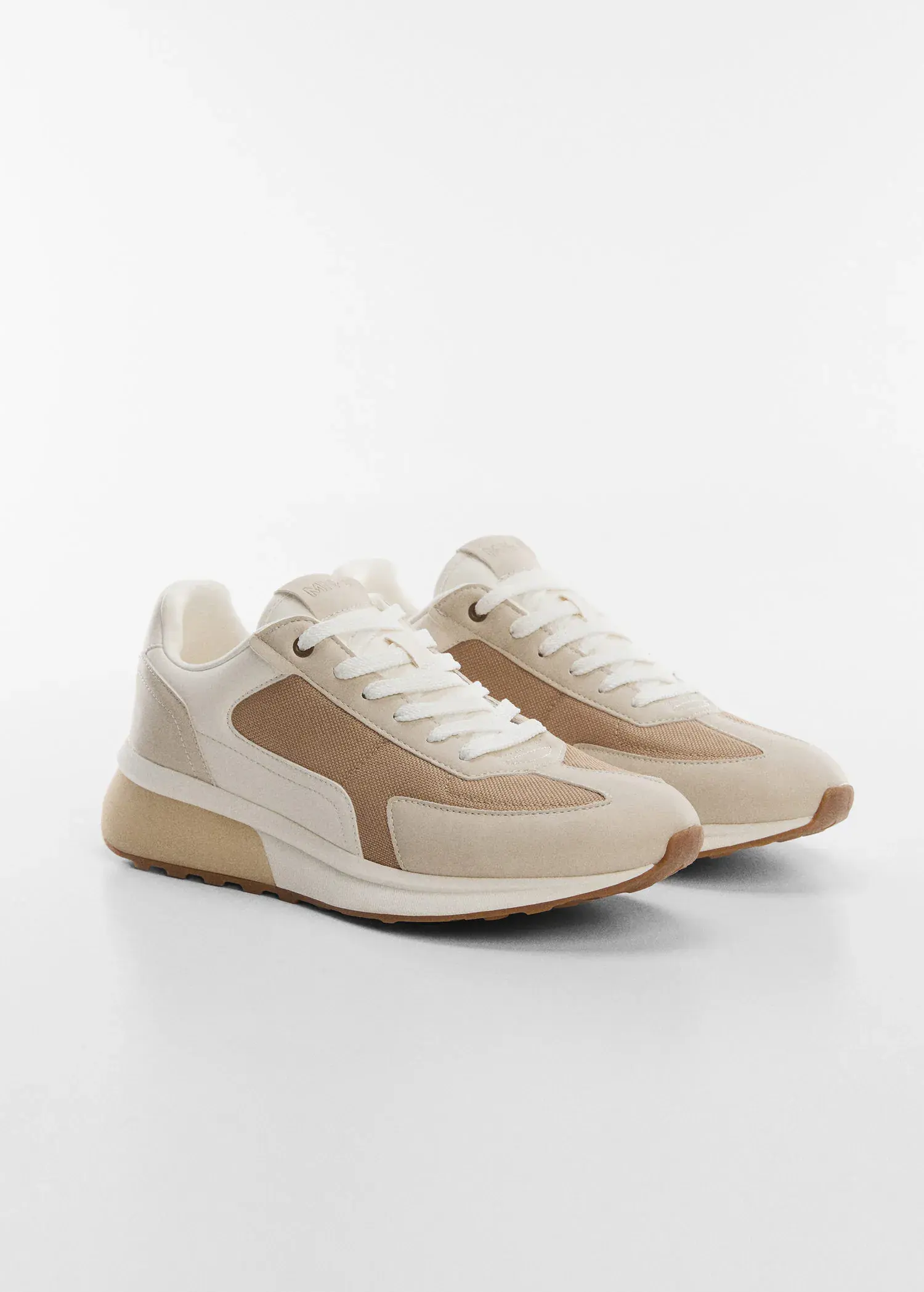 Mango Leather mixed sneakers. a pair of white and tan sneakers on a white surface. 