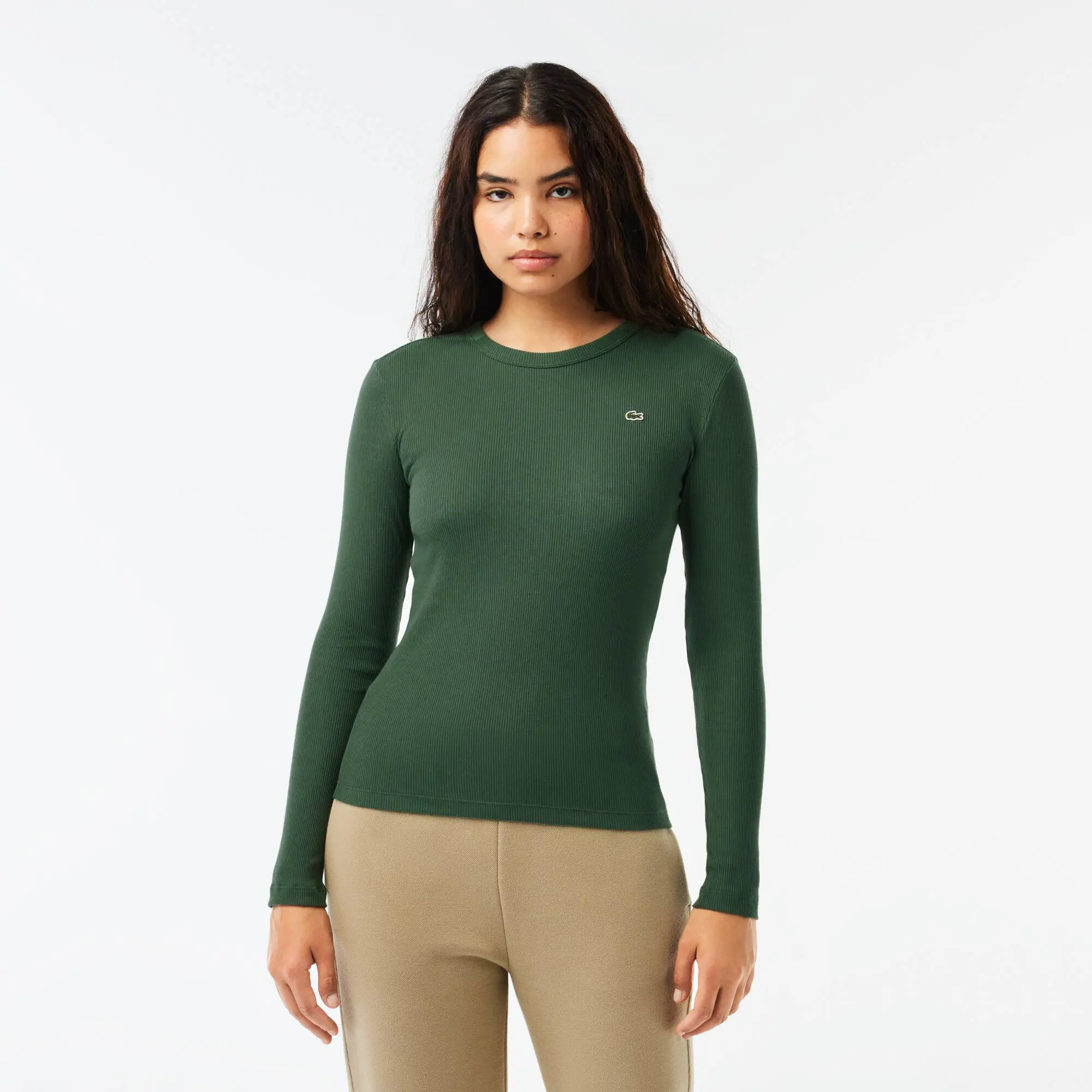 Lacoste Women's Long Sleeve Ribbed Cotton T-Shirt. 1