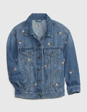 Kids Oversized Embroidered Denim Jacket with Washwell blue