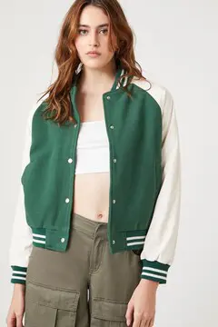 Forever 21 Forever 21 Fleece Varsity Bomber Jacket Green/Cream. 2