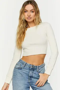 Forever 21 Forever 21 Ribbed Long Sleeve Crop Top Cream. 2