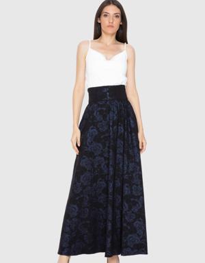 Patterned Flared Long Navy Blue Skirt