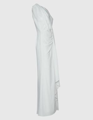 Ruffle Detailed V-Neck Embroidered Long Ecru Dress With Slits