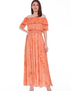 Off-Shoulder Patterned Chiffon Midi Orange Dress