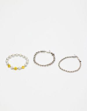 Set of 3 Ball Chain & Smiley Beads Bracelet