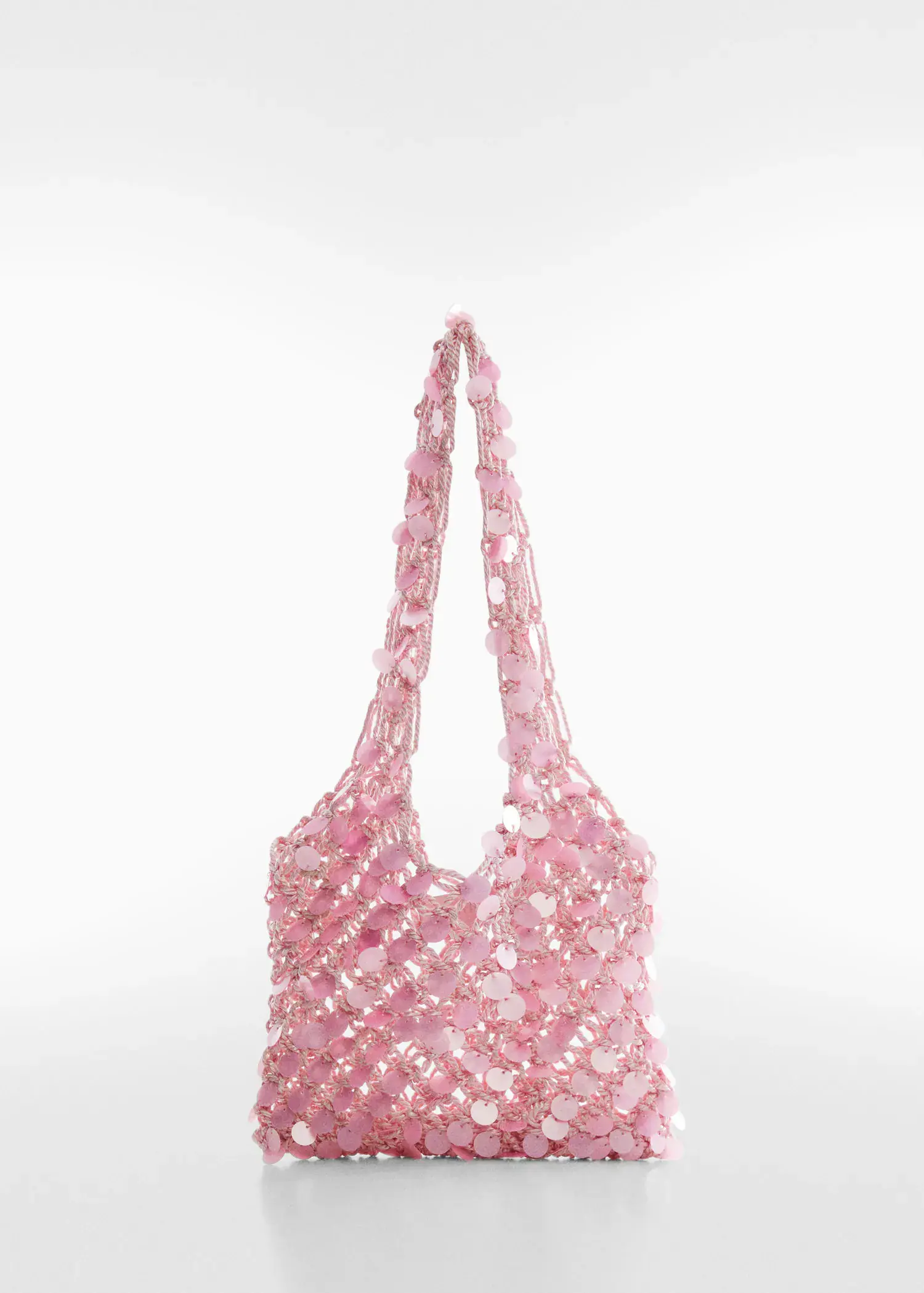 Mango Sequined net bag. a close-up of a pink bag on a white background. 