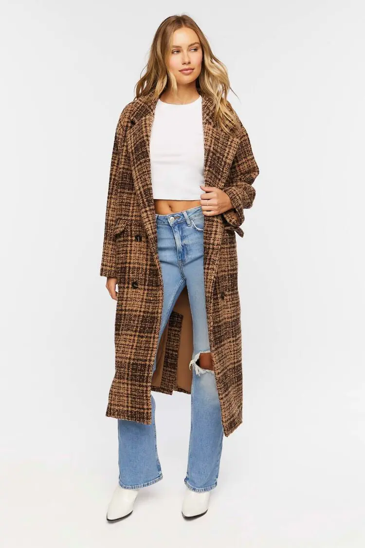 Forever 21 Forever 21 Plaid Double Breasted Longline Coat Dark Brown/Tan. 1