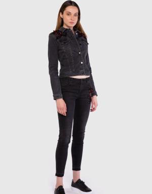 Embroidered Shoulder Black Jean Jacket