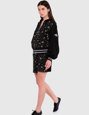 Allover Embroidery Pattern Detailed Black Sweatshirt