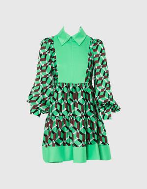 Contrast Detailed Pleated Mini Green Dress