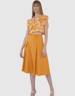 High Waist Button Detailed Midi Length Orange Skirt