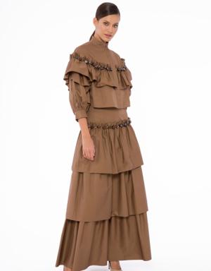 Embroidered Detail, High Waist Corsage, Pleated Layer Brown Long Skirt