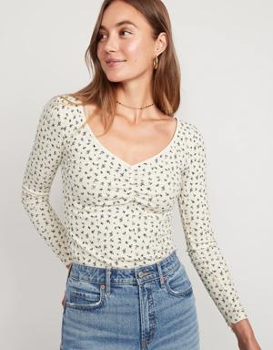 Long-Sleeve Floral Ribbed Slub-Knit Cinched-Front Top for Women white
