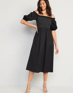 Fit & Flare Off-The-Shoulder Puff-Sleeve Smocked Cotton-Poplin Midi Dress for Women black