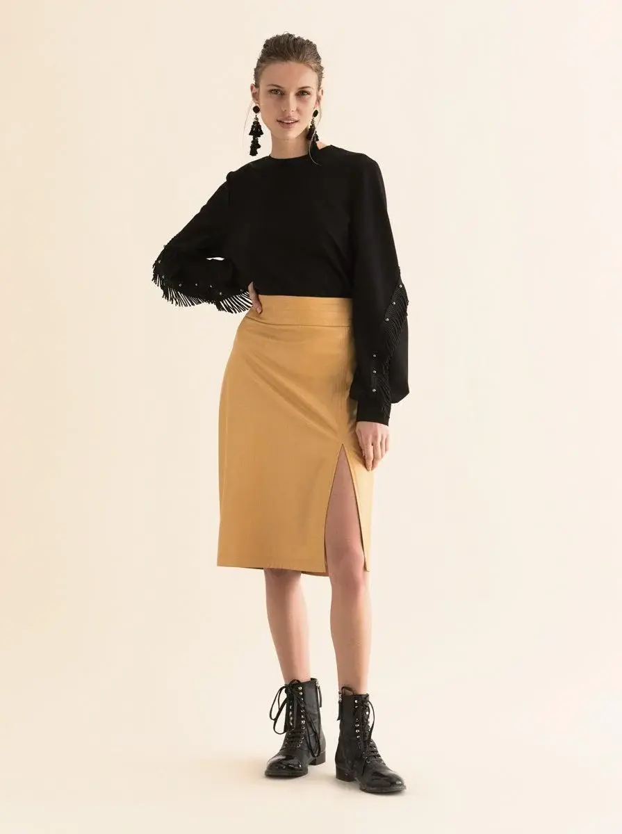 Roman Faux Leather Pencil Skirt - 2 / MUSTARD. 1