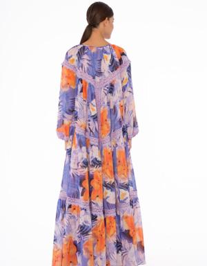 Lace Stripe Detailed Long Patterned Chiffon Powder Dress