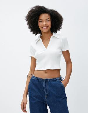 Koton Polo Yaka Tişört Crop Kısa Kollu Dokulu Pamuklu. 3 Koton Polo Yaka Tişört Crop Kısa Kollu Dokulu Pamuklu. 3
