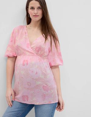 Maternity Puff Sleeve Wrap Top pink