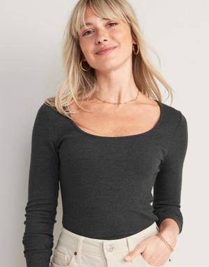 Fitted Long-Sleeve Rib-Knit Top for Women gray