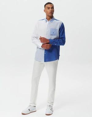 Nautica ERKEK MAVİ CLASSIC FIT UZUN KOLLU KETEN GÖMLEK. 3
