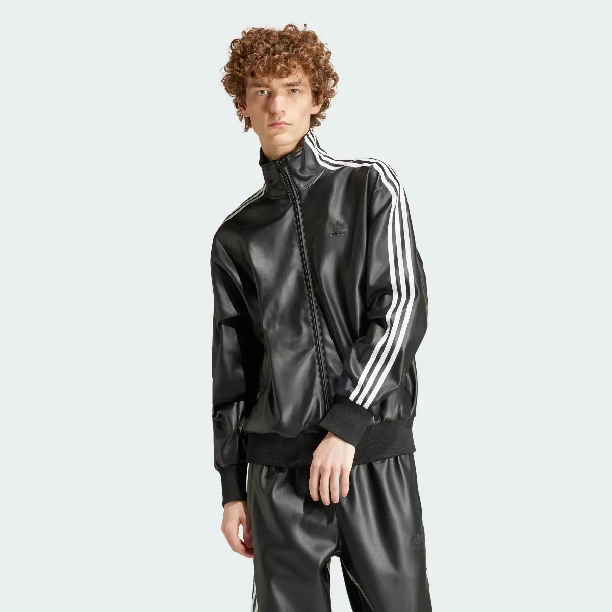 Adidas Faux Leather Adicolor 3-Stripes Loose Firebird Track Suit Jacket. 2