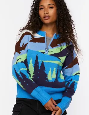 Forever 21 Intarsia Landscape Half Zip Sweater Blue/Multi