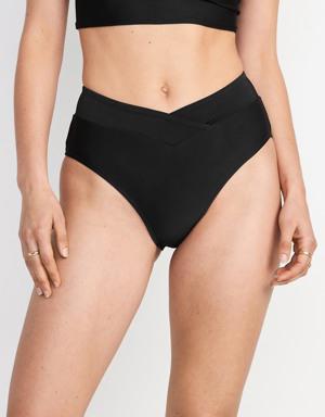 Matching High-Waisted Cross-Front Bikini Swim Bottoms for Women black