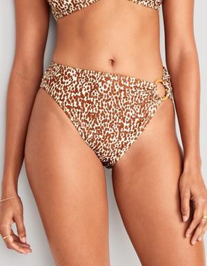 Mid-Rise Printed O-Ring French-Cut Bikini Swim Bottoms brown